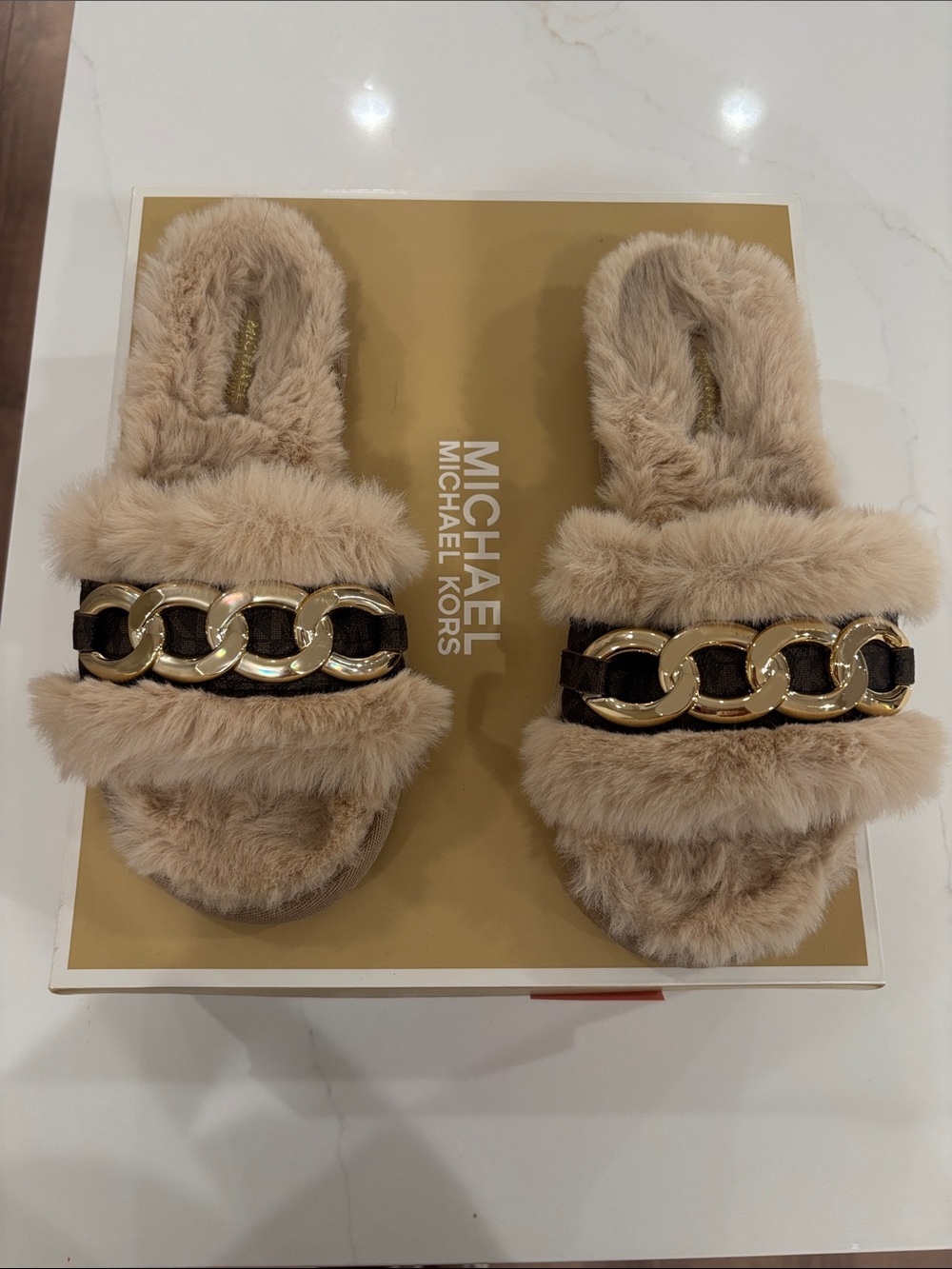 Michael Kors Plush Tan Faux-Fur Slide Sandals with Gold Chain Detail